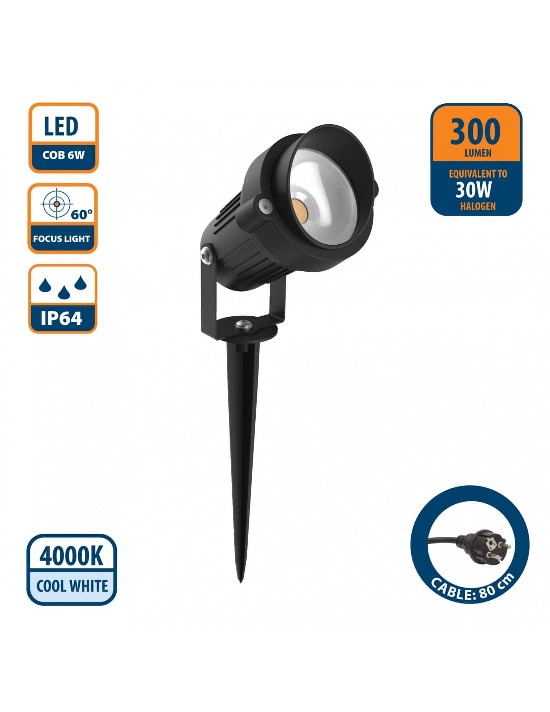 Velamp PRINCE: Spot LED 6W pour extérieur IP64 avec câble et piquet