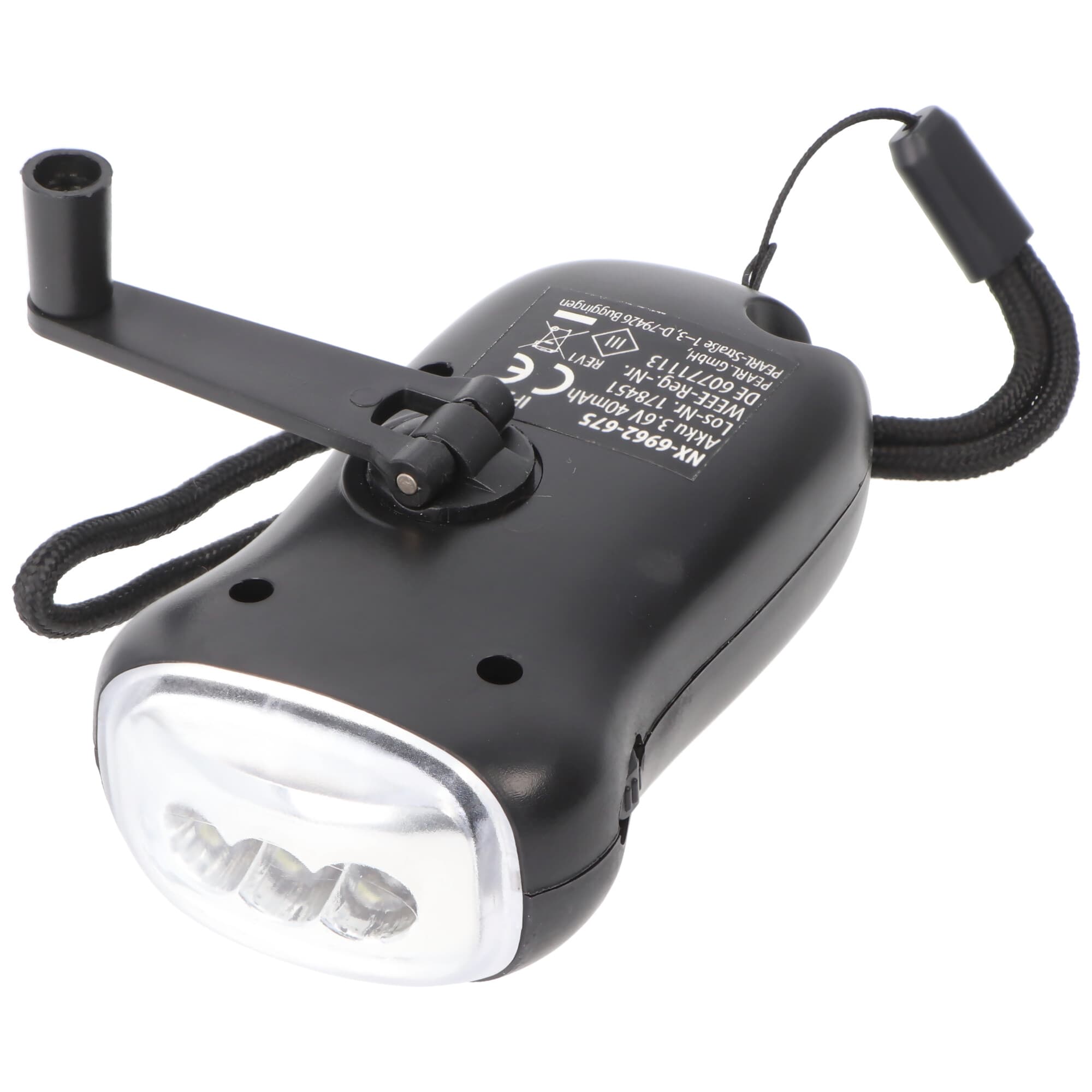 Lampe de poche à dynamo avec 3 LED, avec manivelle de charge, avec fonction de charge solaire