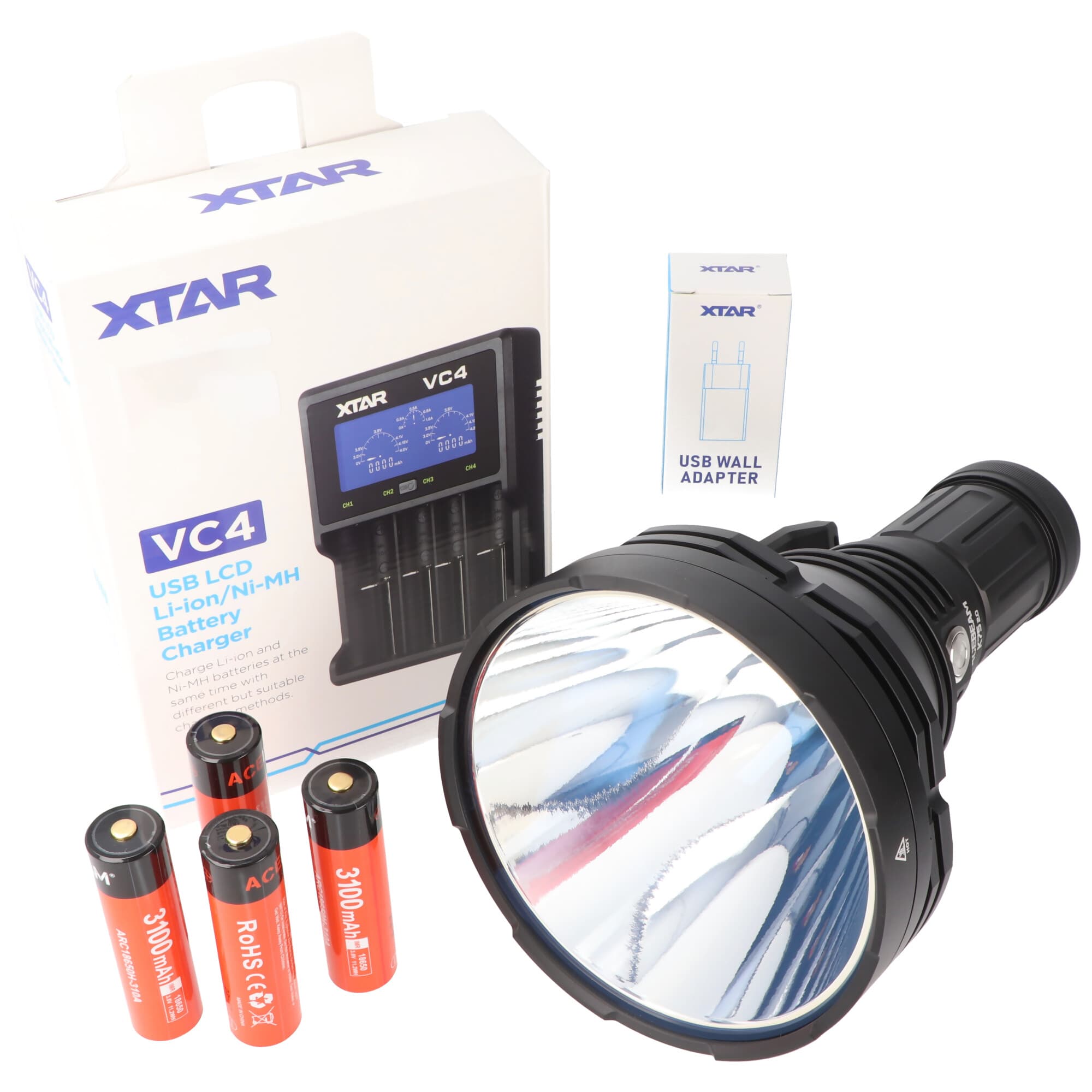 AceBeam K75 2.0 avec LED blanche, 6 300 lumens et portée de 2 500 mètres, avec batteries, chargeur et chargeur rapide USB