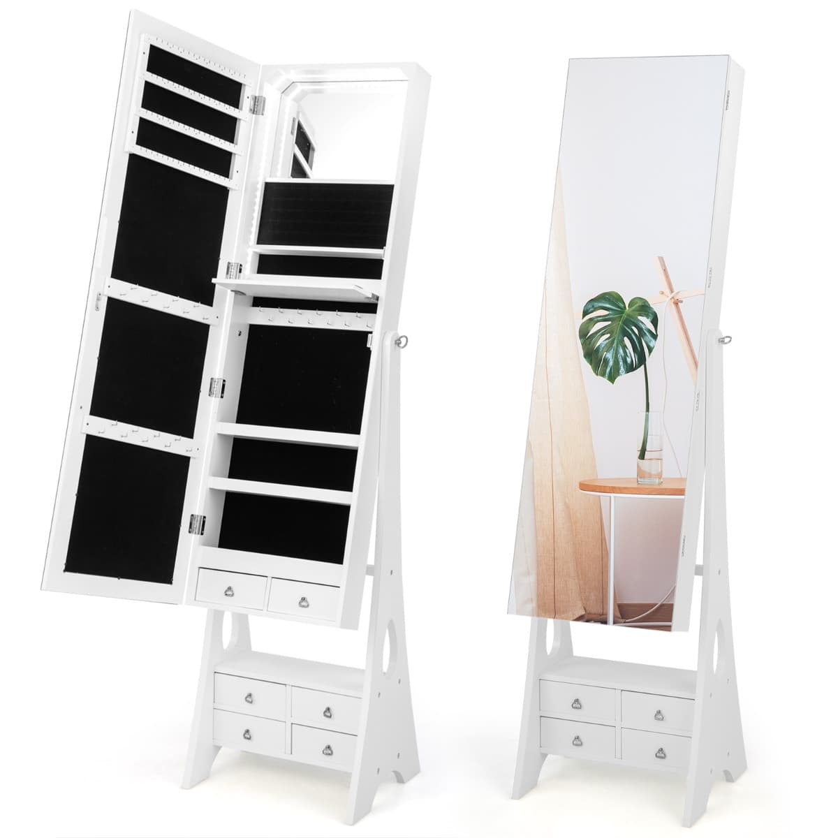 Armoire à Bijoux sur Pied avec Miroir Pleine Longueur Lumières LED Intégrées 6 Tiroirs et 3 Angles d