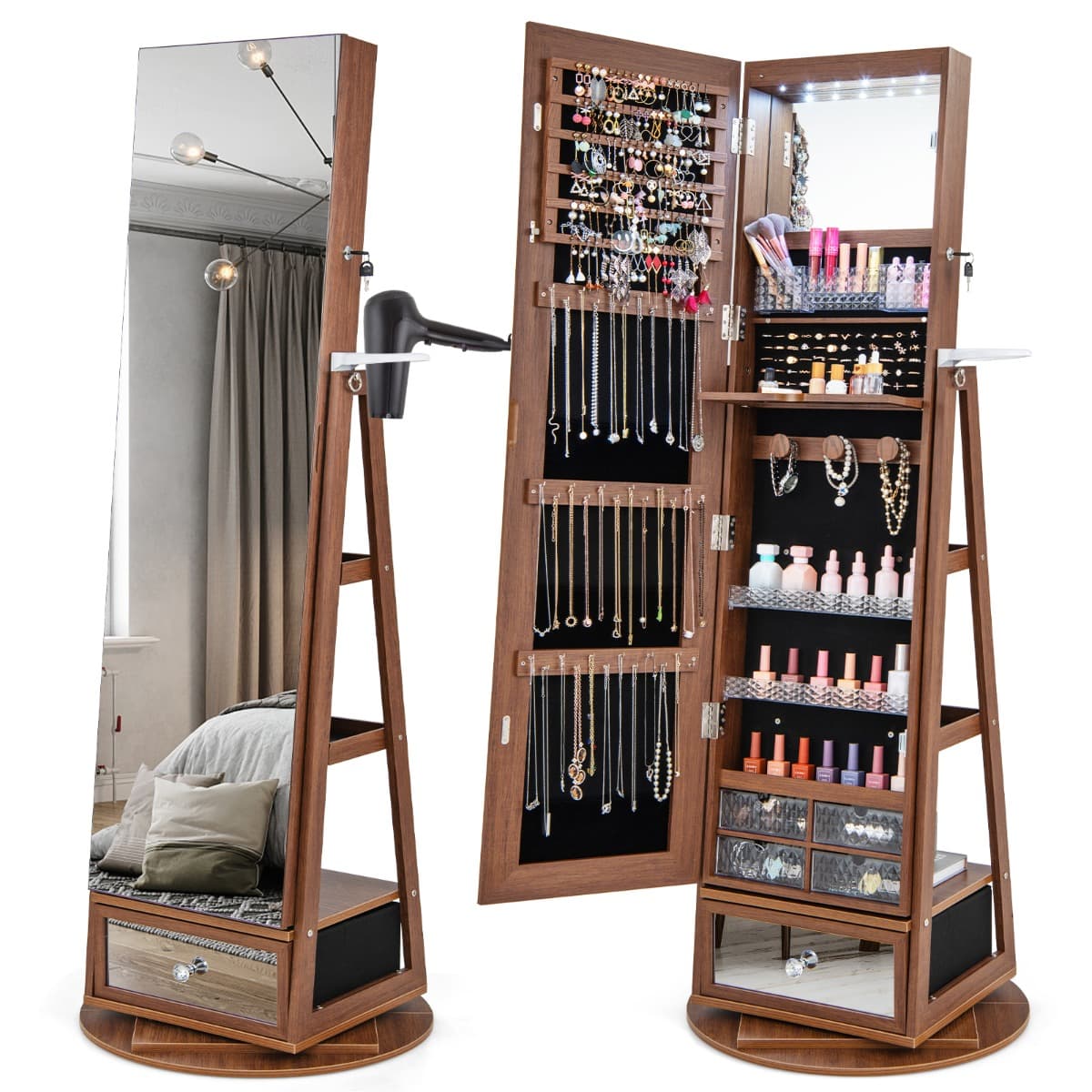 Armoire à Bijoux Pivotante à 360°Miroir Pleine Longueur Lumières LED Etagère 3 Niveaux Porte Verroui