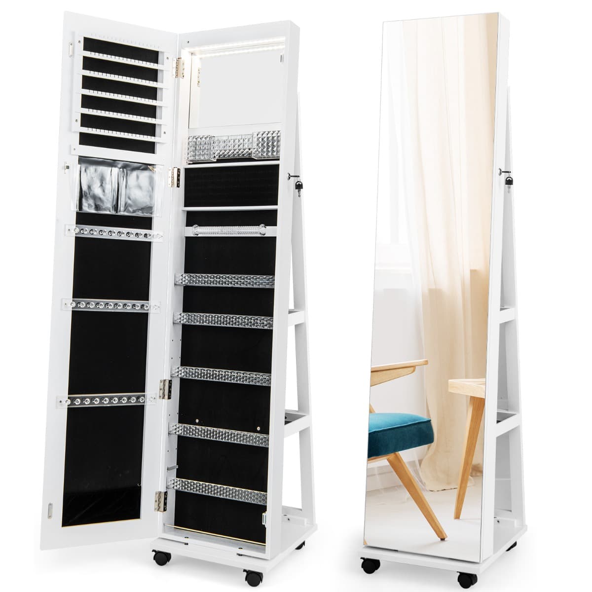 3 en 1 Armoire à Bijoux sur Roulettes Miroir Psyché sans Cadre Lumières LED Étagères Réglables Verro