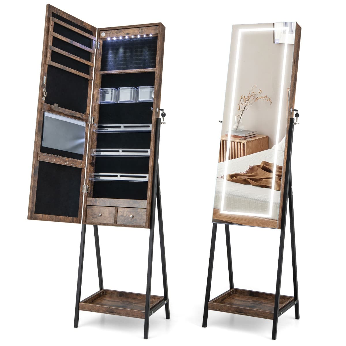 CostwayArmoire à Bijoux sur Pied Miroir Pleine Longueur Lumières LED 3 Couleurs Interrupteur Tactile Porte Verrouillable Café