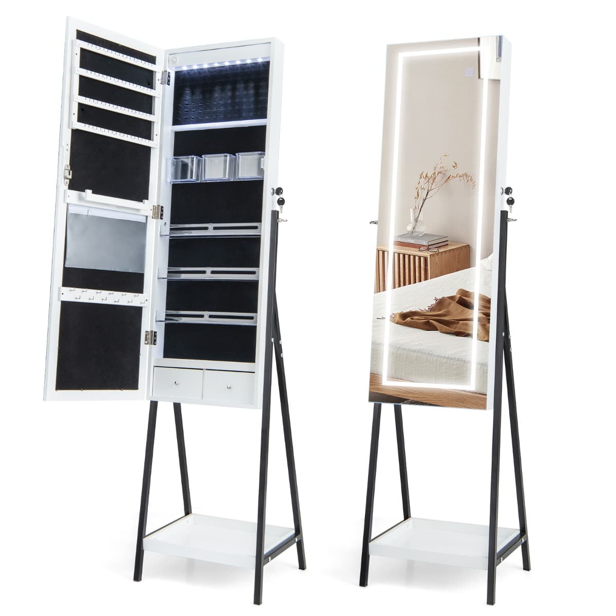 CostwayArmoire à Bijoux sur Pied Miroir Pleine Longueur Lumières LED 3 Couleurs Interrupteur Tactile Porte Verrouillable Blanc