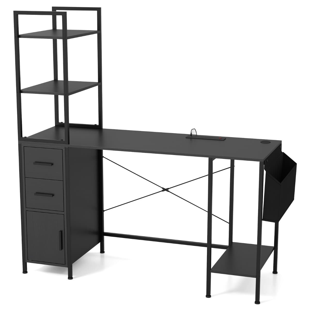 CostwayBureau avec Lumières LED et Prises de Courant Bureau Moderne Etagères Ouvertes 2 Tiroirs Armoire Support pour Processeur Poche Noir