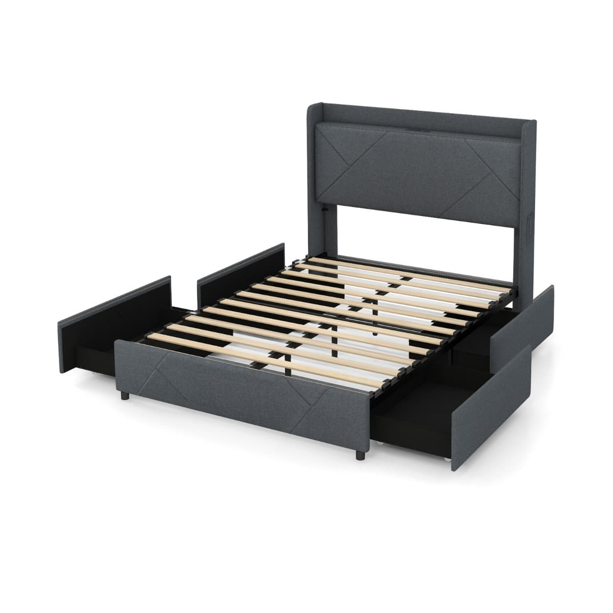 CostwayLit 140x200 Éclairage LED&Multiprise USB-C &USB-A 4 Tiroirs 2 Poches de Rangement Cadre de Lit avec Sommier à Latte Tête de Lit de Rangement