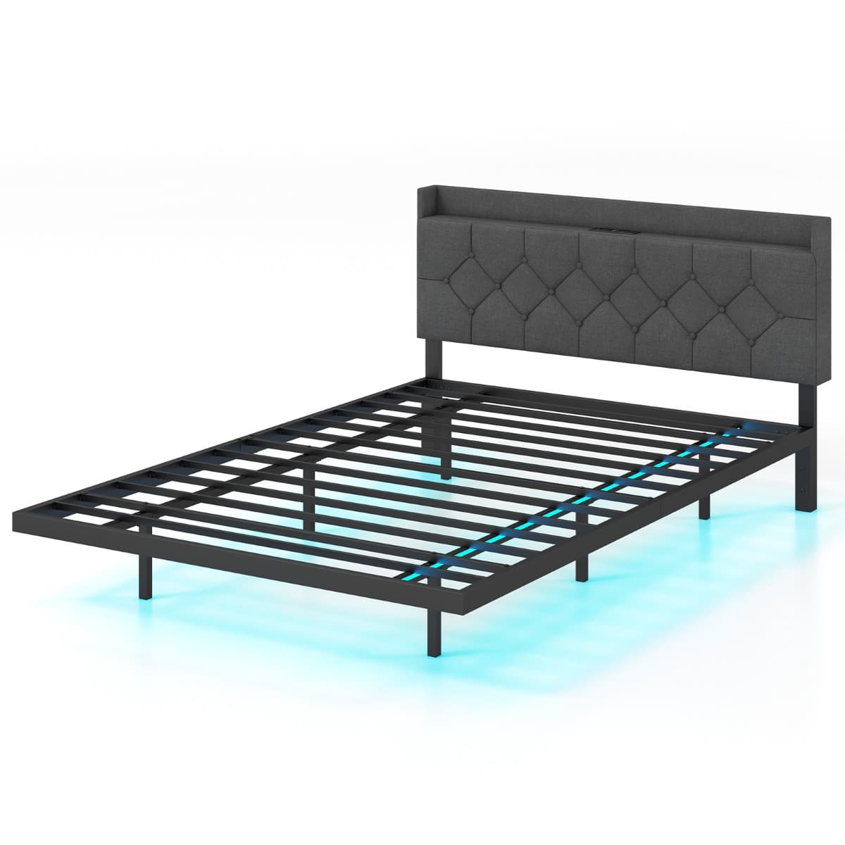 CostwayCadre de Lit Flottant avec Lumières LED Lit Plateforme Moderne avec Tête de Lit Rembourrée Réglable 200*140*100cm Gris
