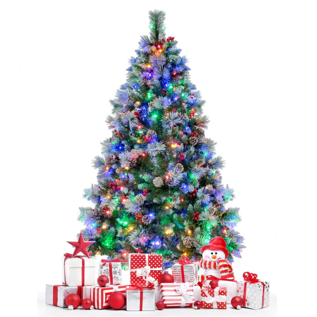 CostwaySapin de Noël Artificiel Illuminé de 185 cm à Charnière avec 747 Branches 350 Lumières LED 55 Pommes de Pin et 55 Baies Rouges 11 Modes
