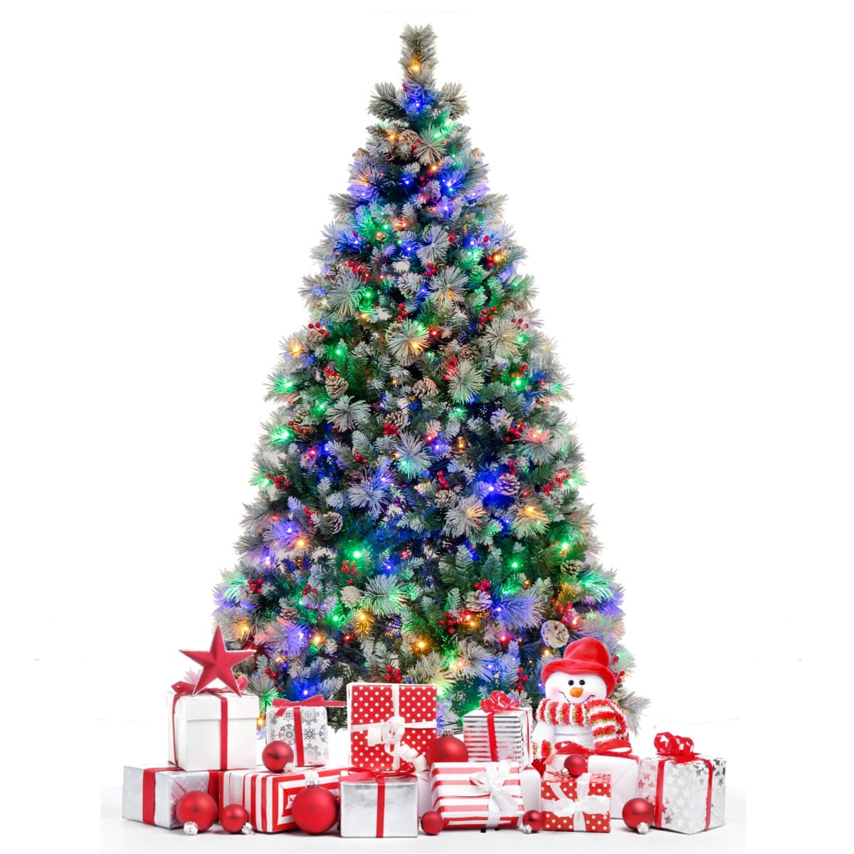 CostwaySapin de Noël Artificiel Illuminé de 215 cm à Charnière avec 1116 Branches 400 Lumières LED 70 Pommes de Pin et 70Baies Rouges 11 Modes