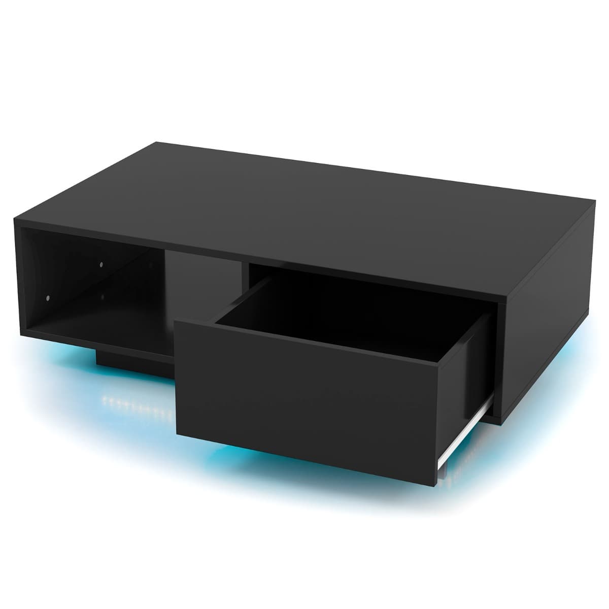 CostwayTable Basse Contemporain avec lumières LED 20 Couleurs 95x55x31 CM Table de Salon avec Grand Tiroir et Compartiment Noir