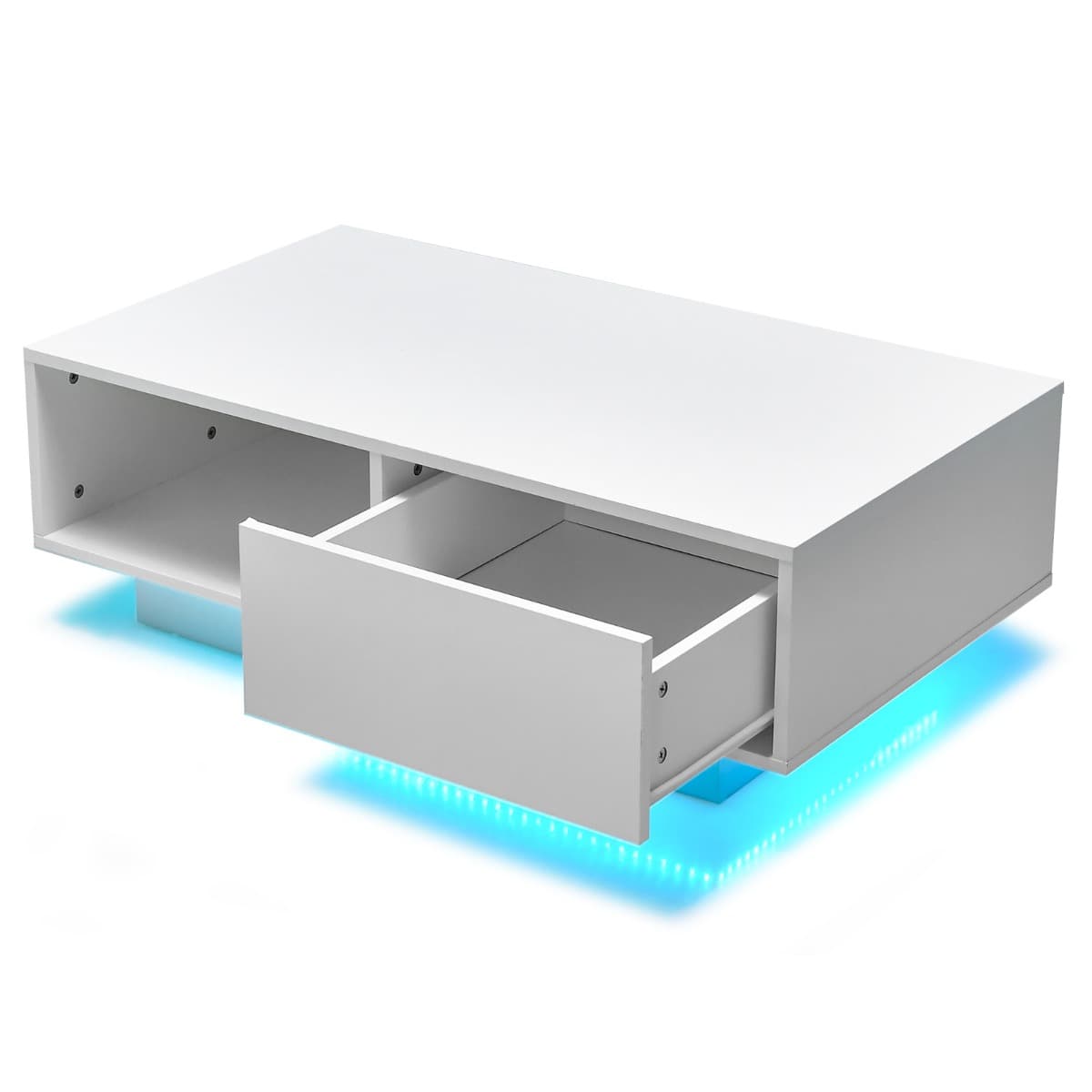 CostwayTable Basse Contemporain avec lumières LED 20 Couleurs 95x55x31 CM Table de Salon avec Grand Tiroir et Compartiment Blanc