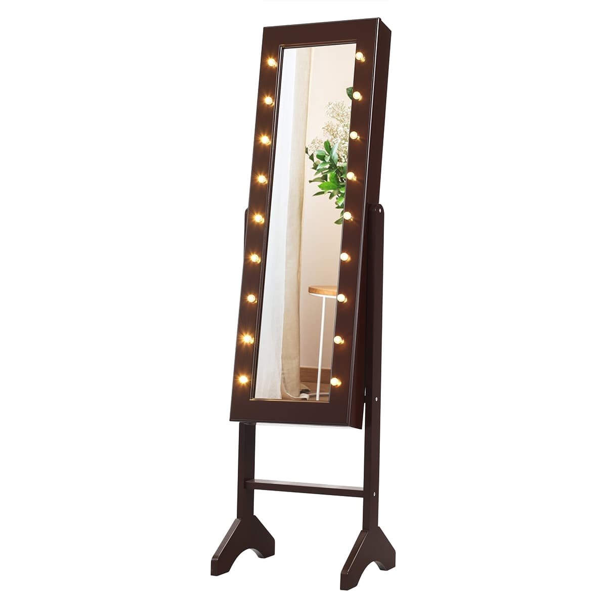 CostwayArmoire à Bijoux sur Pied avec 18 LED Angle Réglable Doublure en Velours Doux 35 x 31,5 x 145 CM Marron