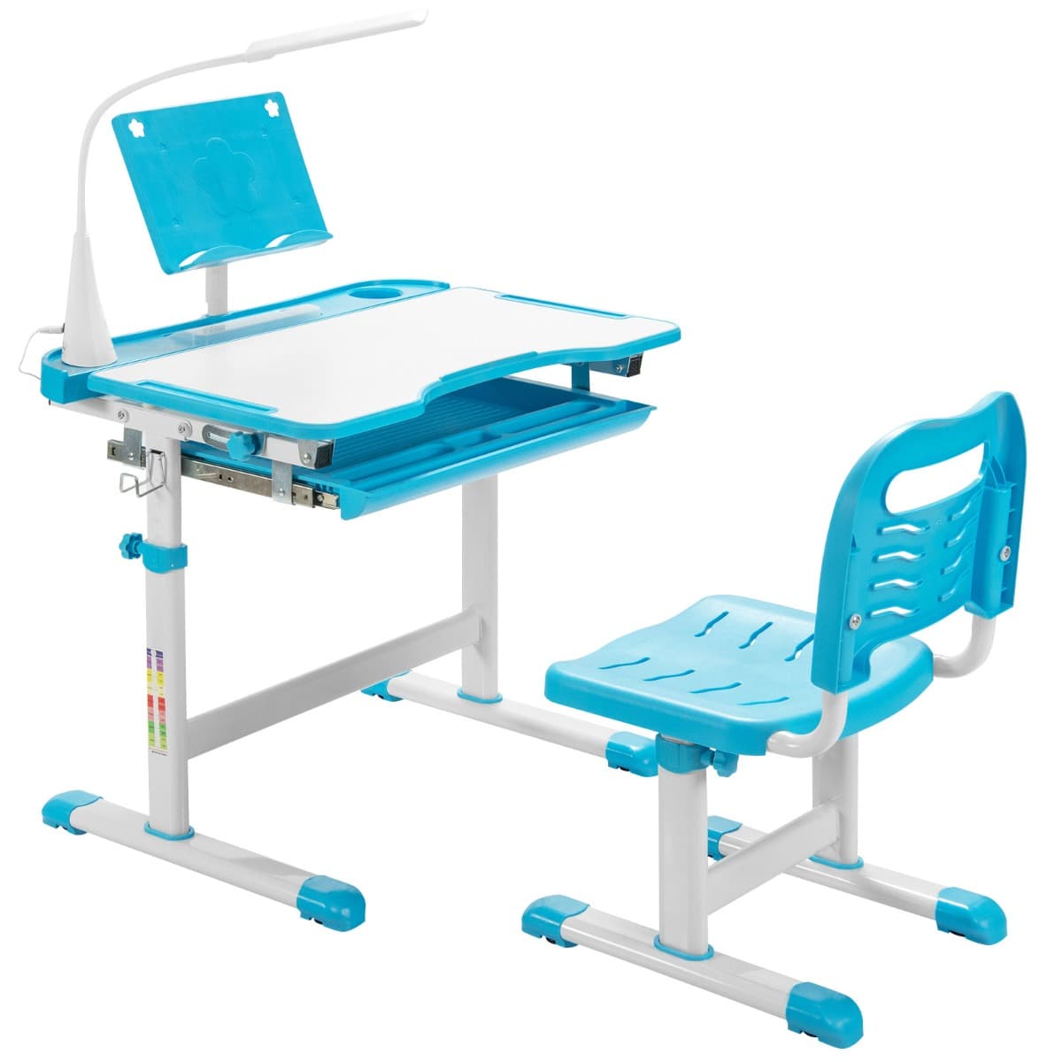 CostwayEnsemble Bureau et Chaise pour Enfants avec Éclairage LED Plateau Incliné et Tiroir Coulissant Réglable en Hauteur Bleu