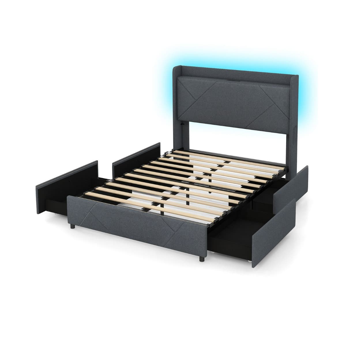 CostwayLit 160x200 Éclairage LED&Multiprise USB-C &USB-A 4 Tiroirs 2 Poches de Rangement Cadre de Lit avec Sommier à Latte Tête de Lit Gris