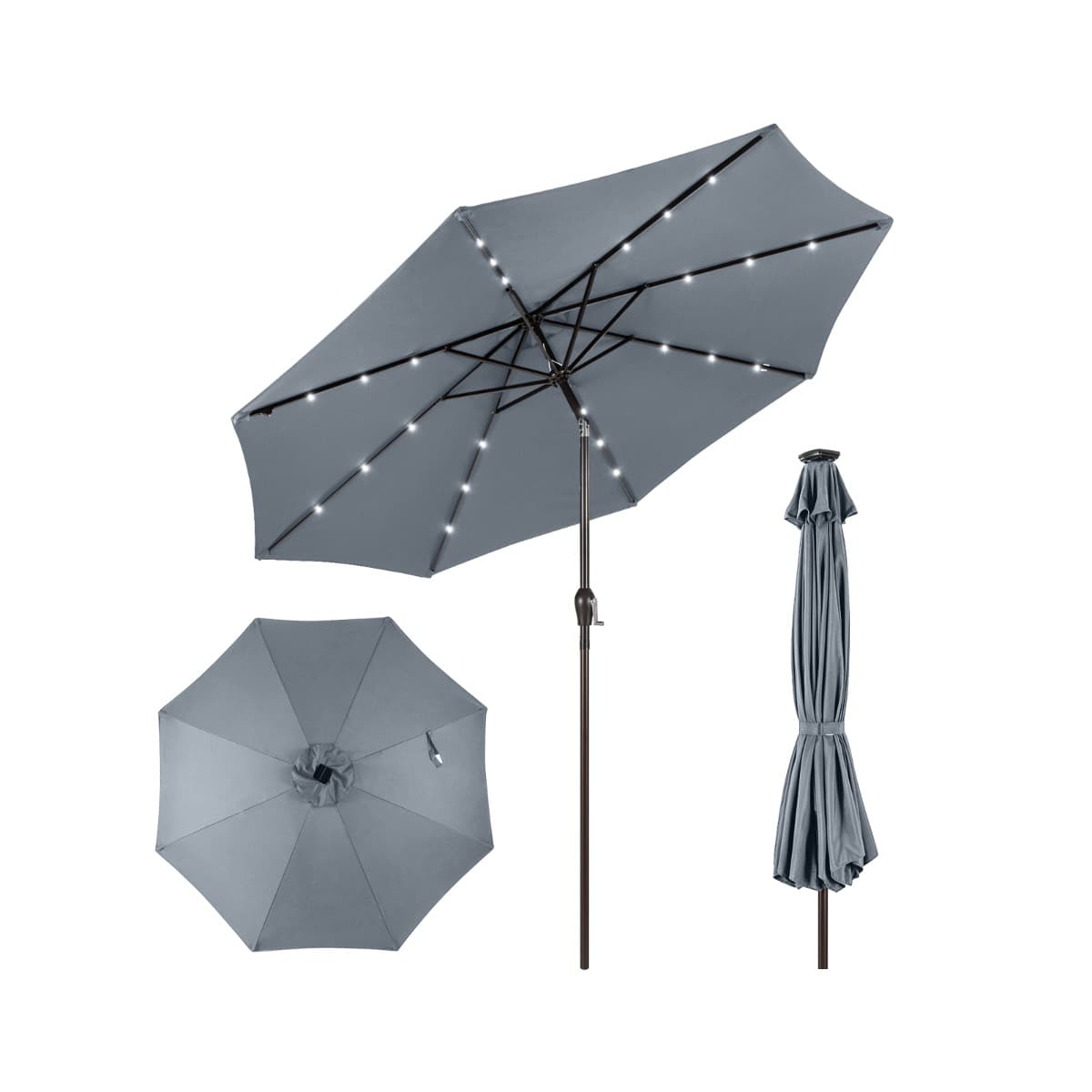 CostwayParasol Inclinable Dia. 300 cm avec 24 Lumières LED Dolaire en Scier Toile Polyester pour Jardin et Terrasse Gris