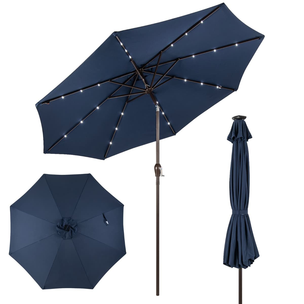 CostwayParasol Inclinable Dia. 300 cm avec 24 Lumières LED Dolaire en Scier Toile Polyester pour Jardin et Terrasse Bleu Foncé