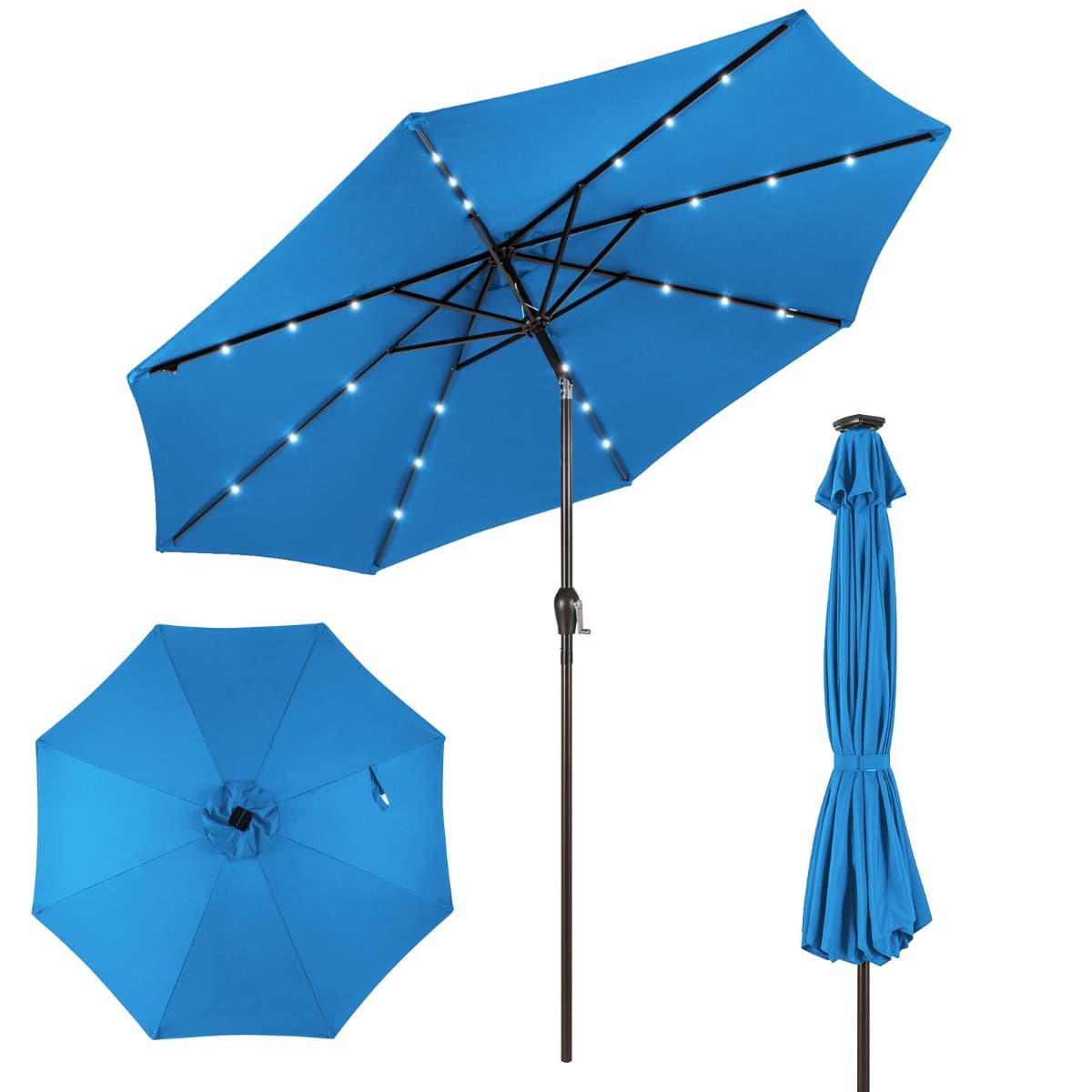 CostwayParasol Inclinable Dia. 300 cm avec 24 Lumières LED Dolaire en Scier Toile Polyester pour Jardin et Terrasse Bleu