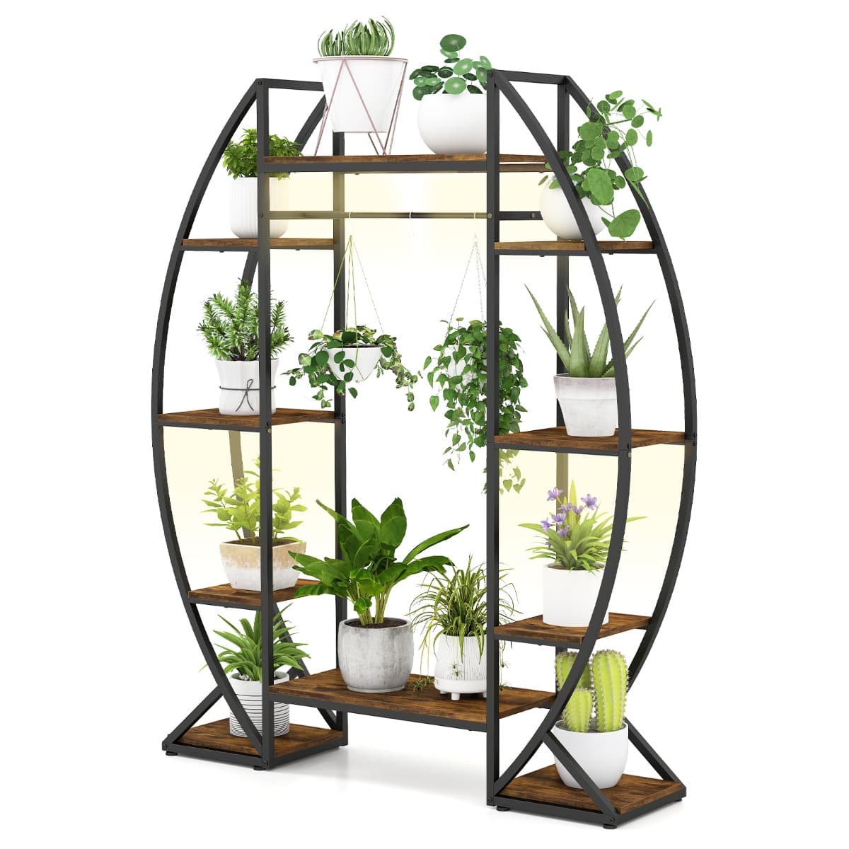 CostwaySupport de Plantes avec Lumières de Croissance Étagère Métallique d'Angle à 10 Niveaux de 160cm de Haut Porte-Pot de Fleurs Marron