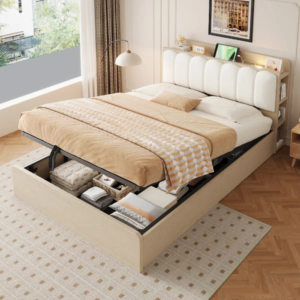 Lit coffre 140 × 200 cm, lit double avec USB et éclairage de nuit, structure en bois avec rangement caché, idéal pour chambre moderne, sans matelas
