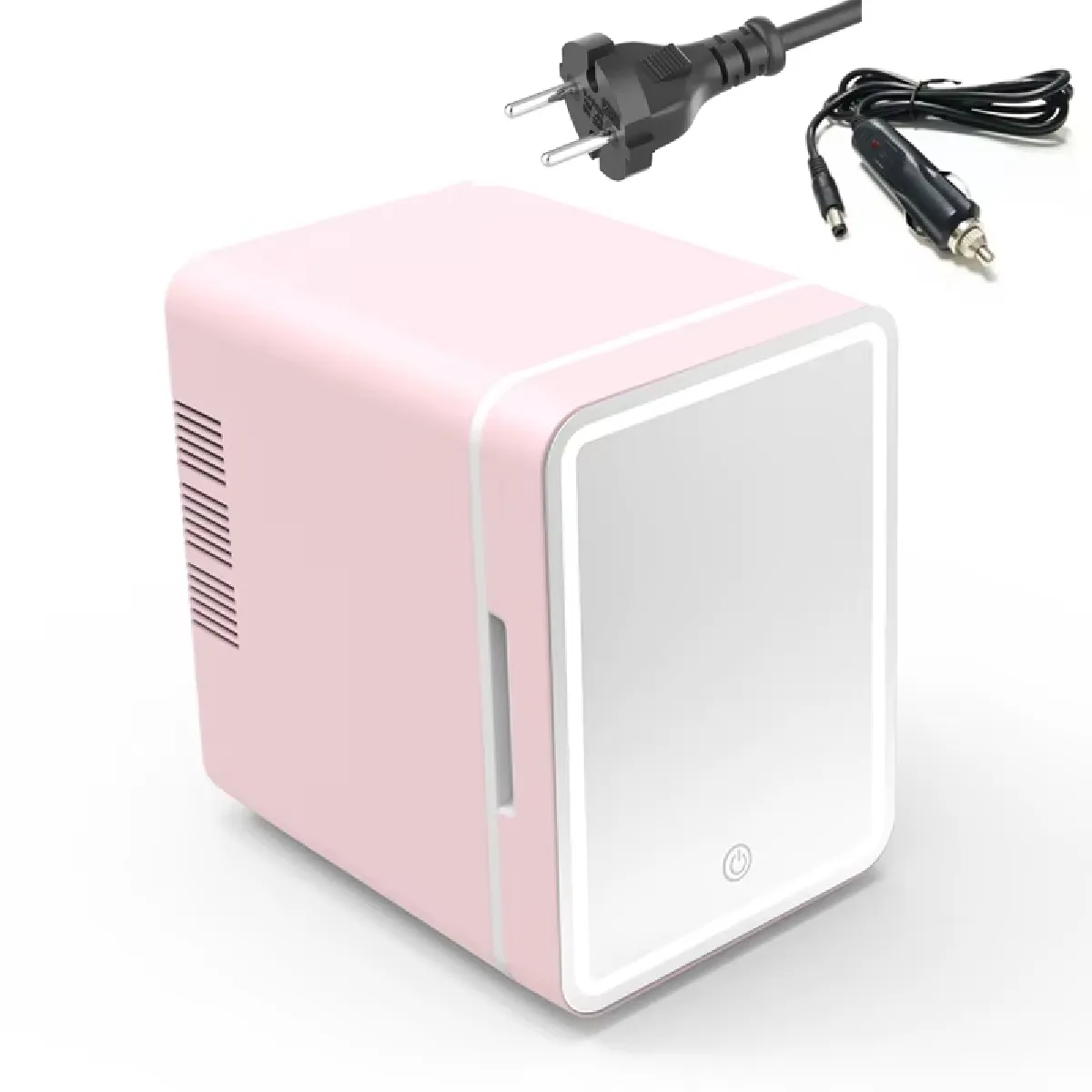 Un réfrigérateur de 4 litres avec éclairage LED et miroir, idéal pour les chambres, pour ranger cosmétiques, produits de soin et aliments. Rose.