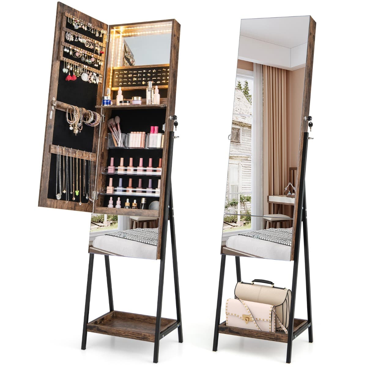 Armoire à Bijoux sur Pied avec Tiroir Miroir Pleine Longueur Lumières LED 3 Couleurs Miroir Intérieu